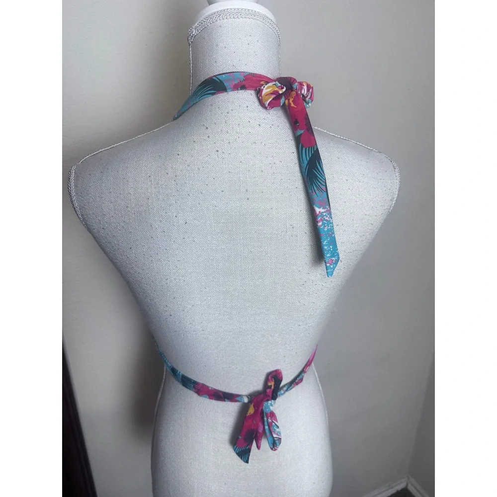 Relleciga Pink Tropical Floral Halter Bikini Top Padded Front Knot Swimwear L